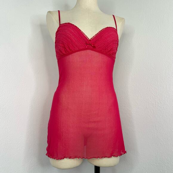 Y2K Victoria's Secret Red Sheer Mesh Babydoll Slip Dress Nightgown Small - Picture 1 of 11